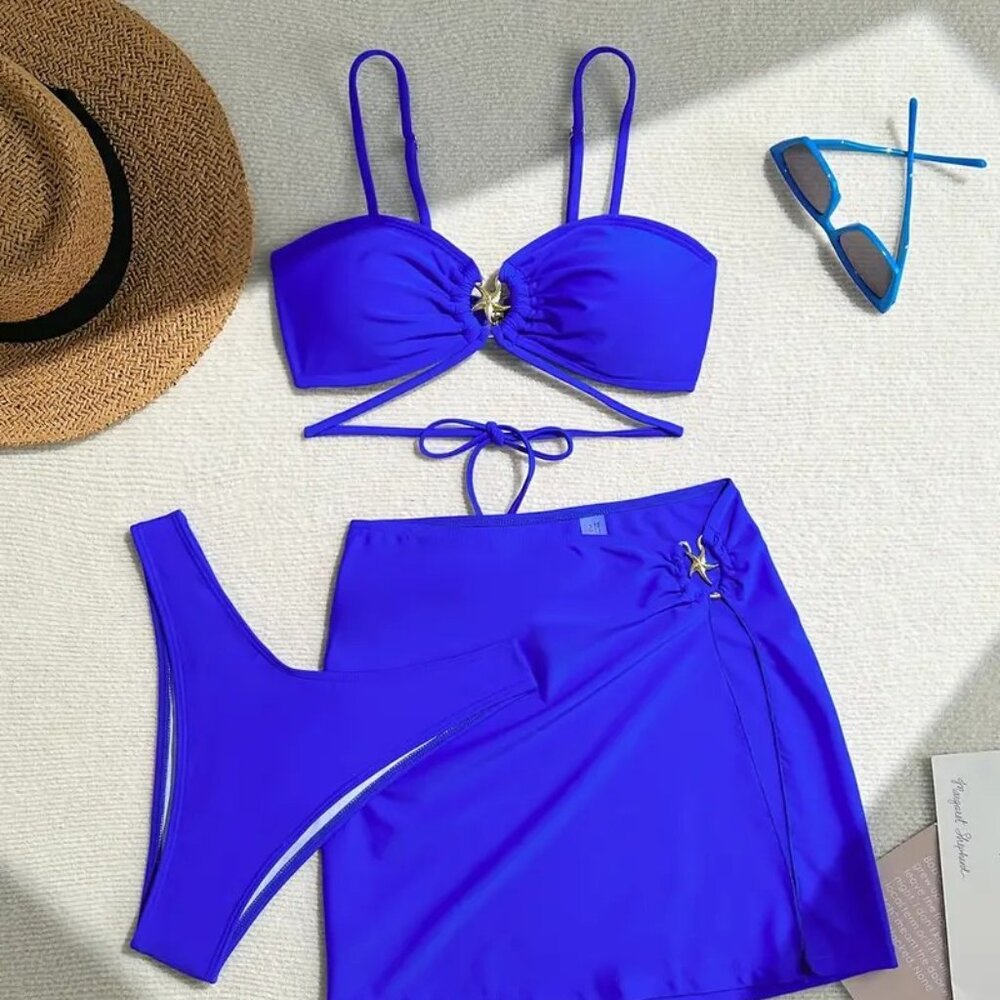 3 PC Bikini Swimsuit Set (Color: Blue)